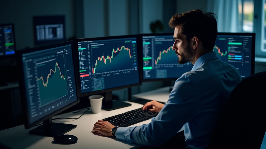 Bureau financier avec écrans affichant des données de marché, graphiques de rendement obligataire et tableaux d'analyse économique